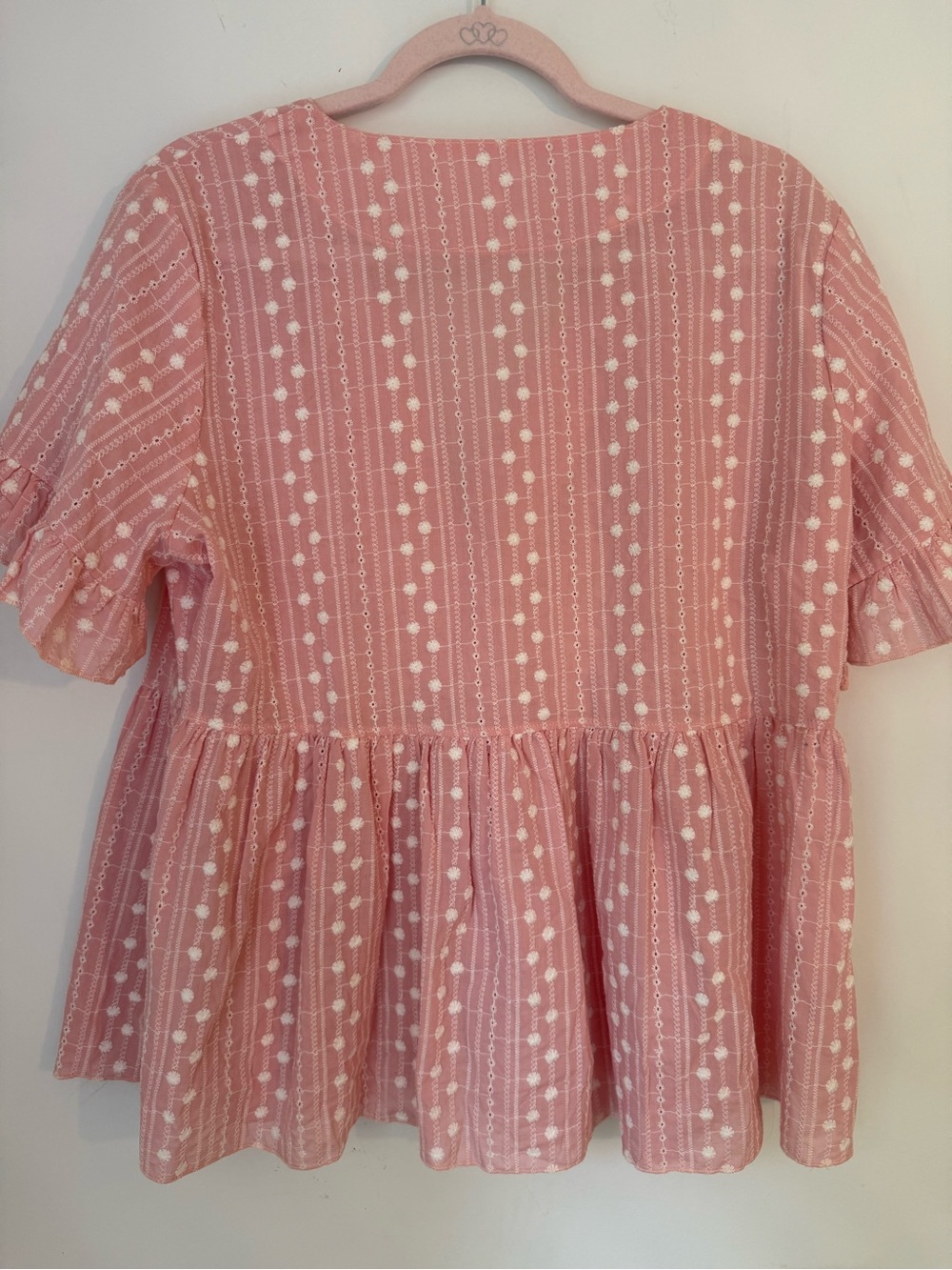 Pink Cotton Eyelet Peplum Blouse XL Boho Embroidered Top - Picture 2 of 6